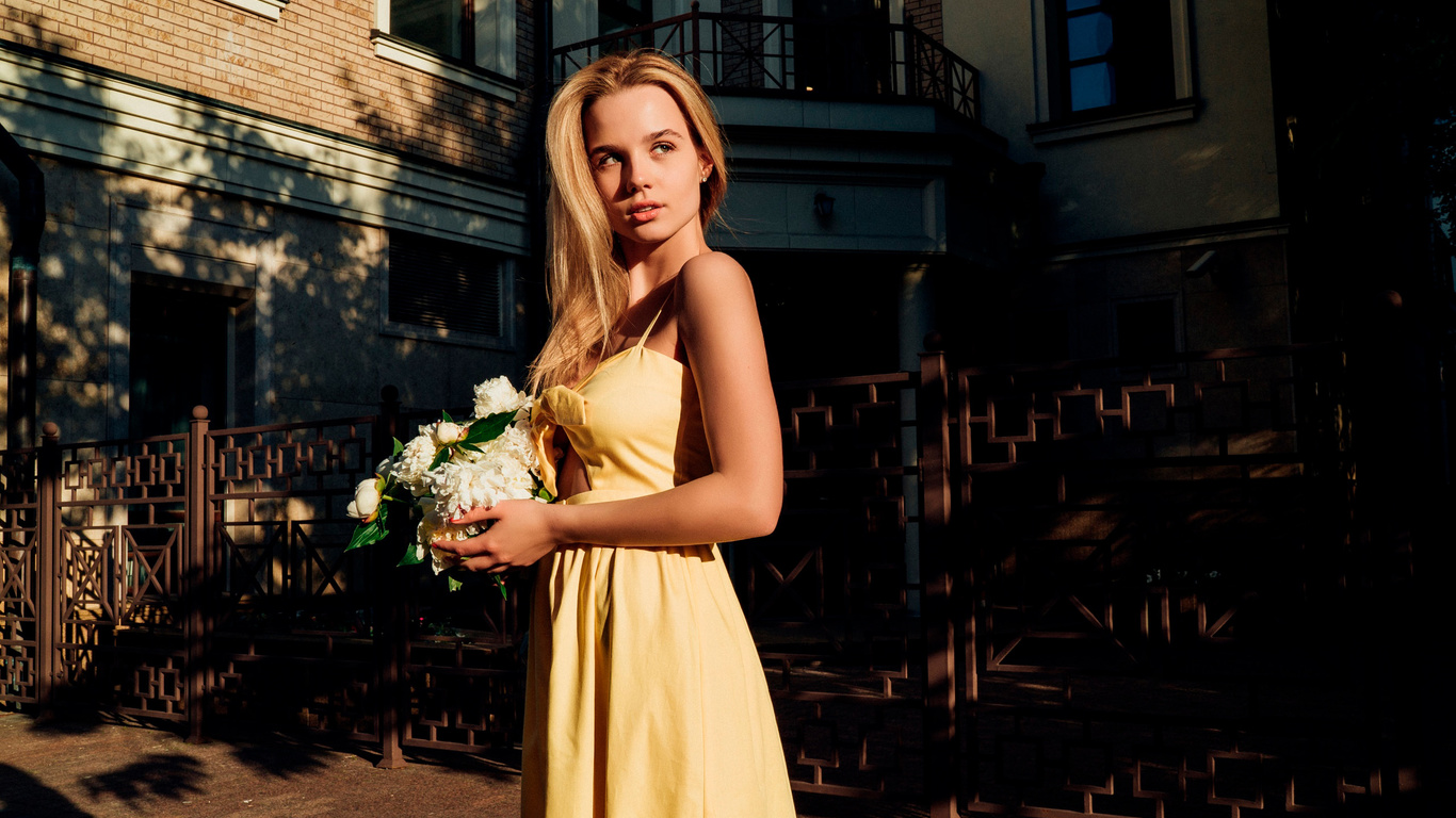 women, blonde, yellow dress, flowers, women outdoors, looking away, brunette