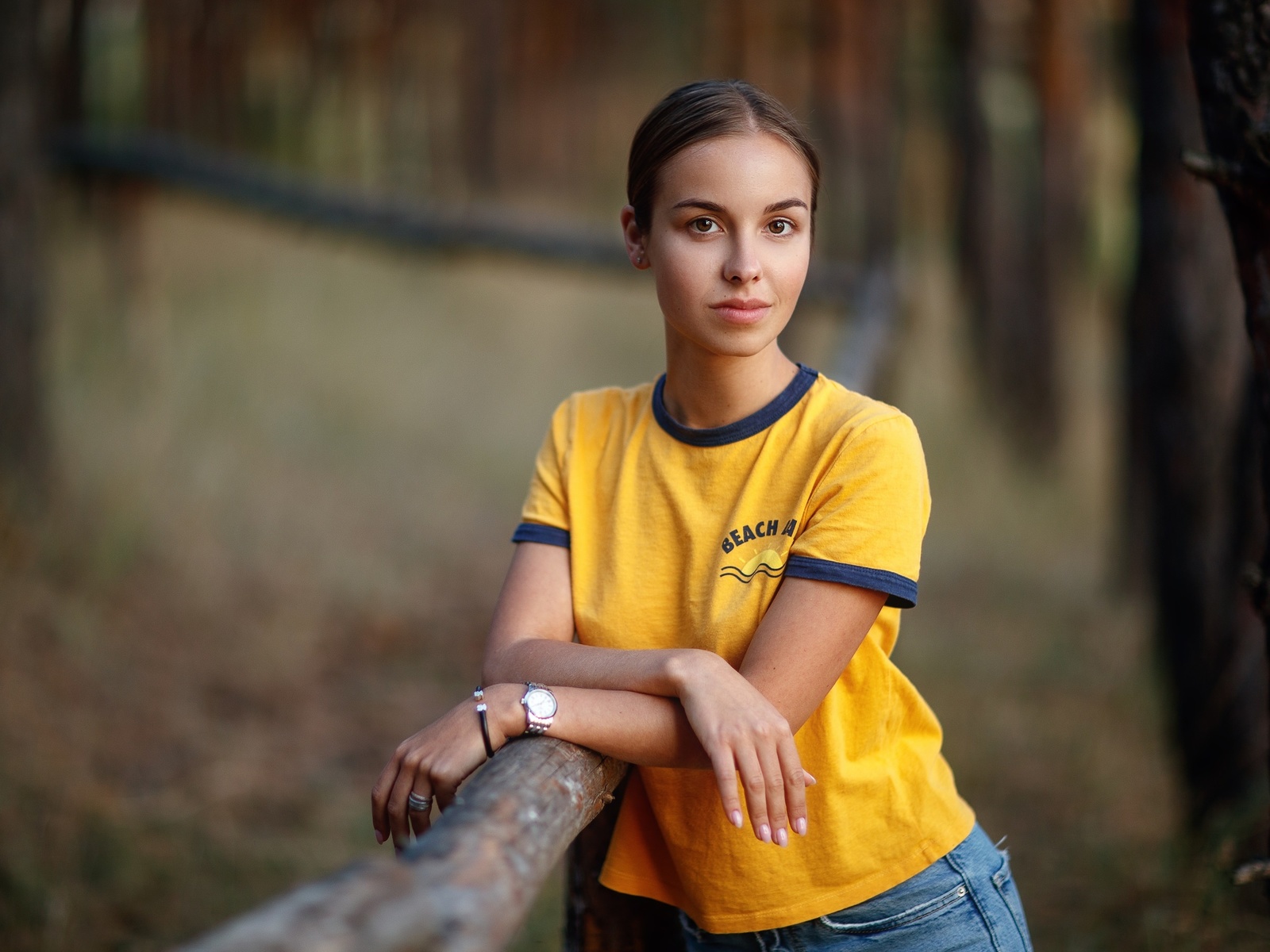 women, yellow t-shirt, jeans, portrait, forest, watch, brunette, women outdoors, trees