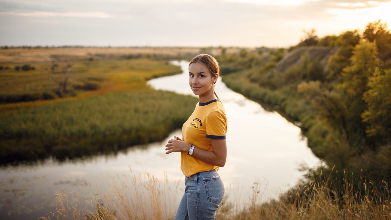 women, yellow t-shirt, smiling, river, jeans, nature, women outdoors, watch, ponytail, sky
