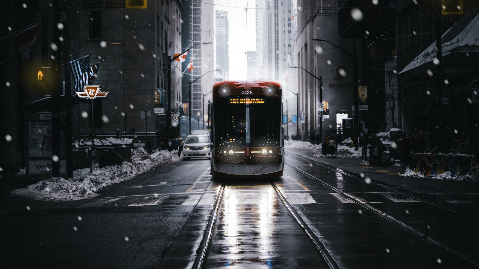 new york, winter, tram, snow, skyscrapers