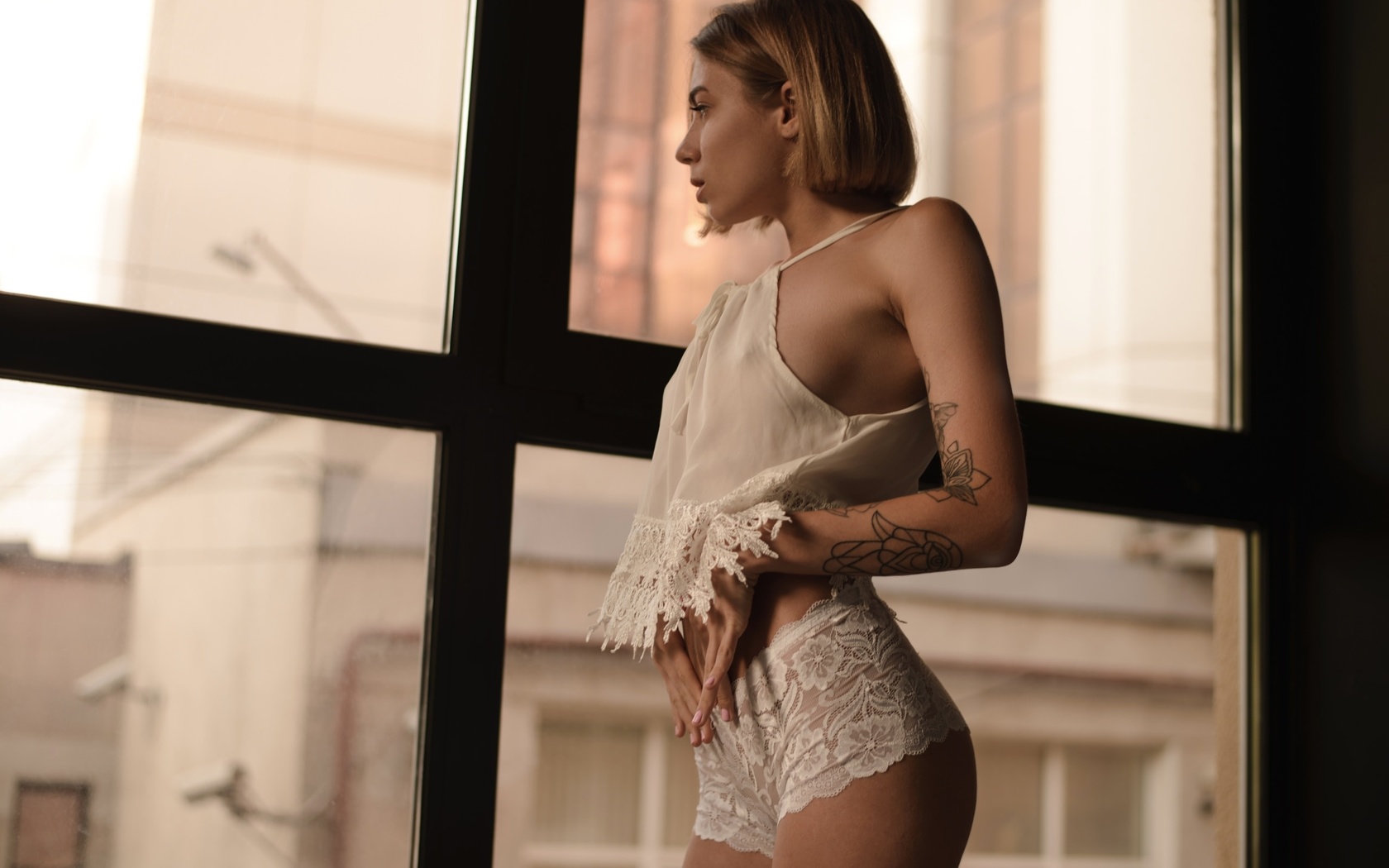women, blonde, window, ass, tattoo, looking out window, white lingerie, women indoors, pink nails, nipple through clothing