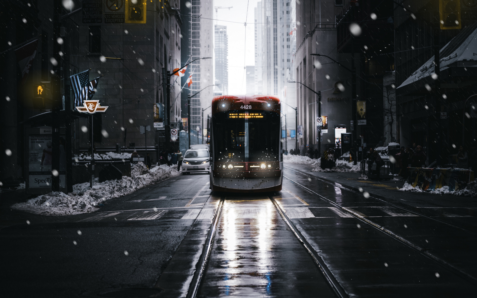 new york, winter, tram, snow, skyscrapers