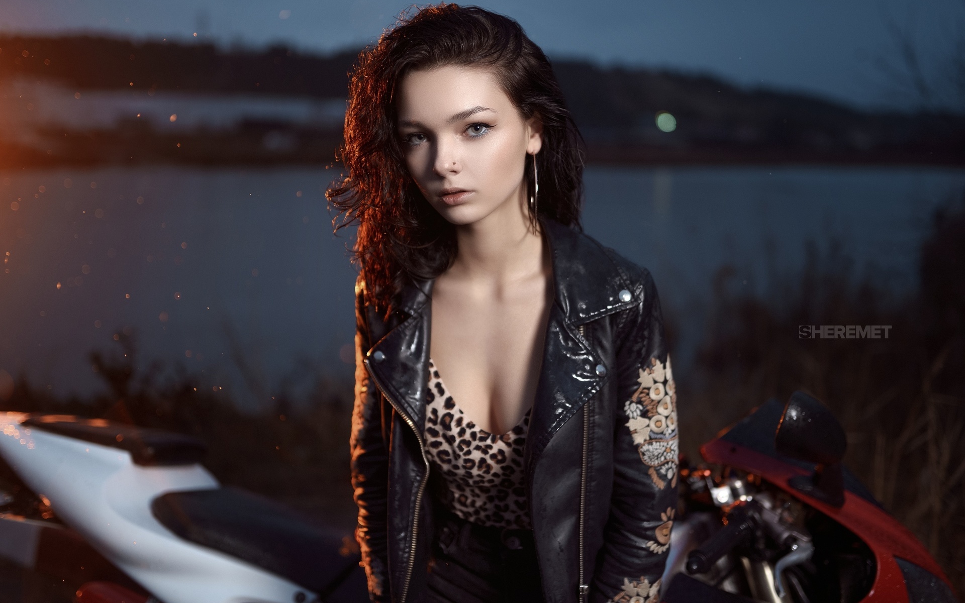 women, ivan sheremet, portrait, animal print, leather jackets, black jackets, jeans, women with motorcycles, river, pierced nose, motorcycle, eyeliner, women outdoors