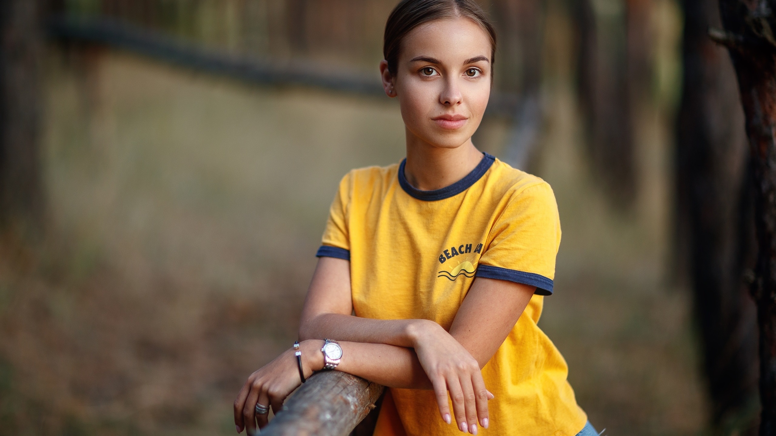 women, yellow t-shirt, jeans, portrait, forest, watch, brunette, women outdoors, trees