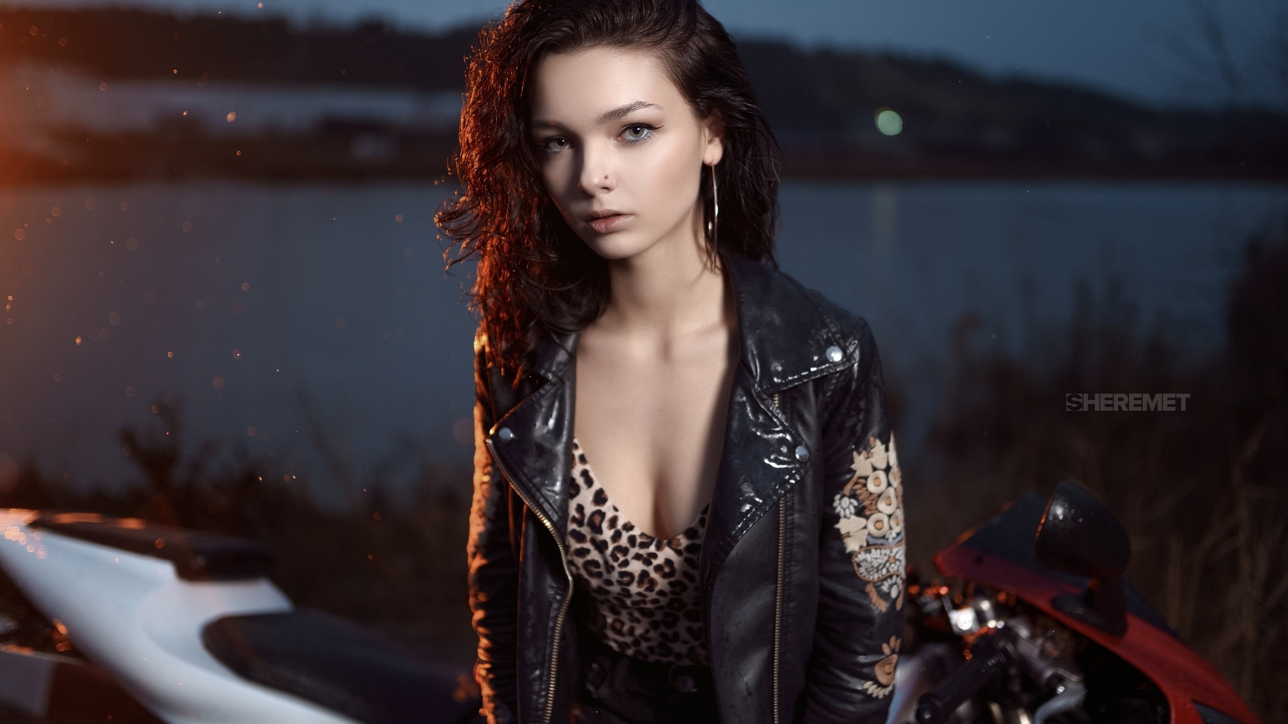 women, ivan sheremet, portrait, animal print, leather jackets, black jackets, jeans, women with motorcycles, river, pierced nose, motorcycle, eyeliner, women outdoors