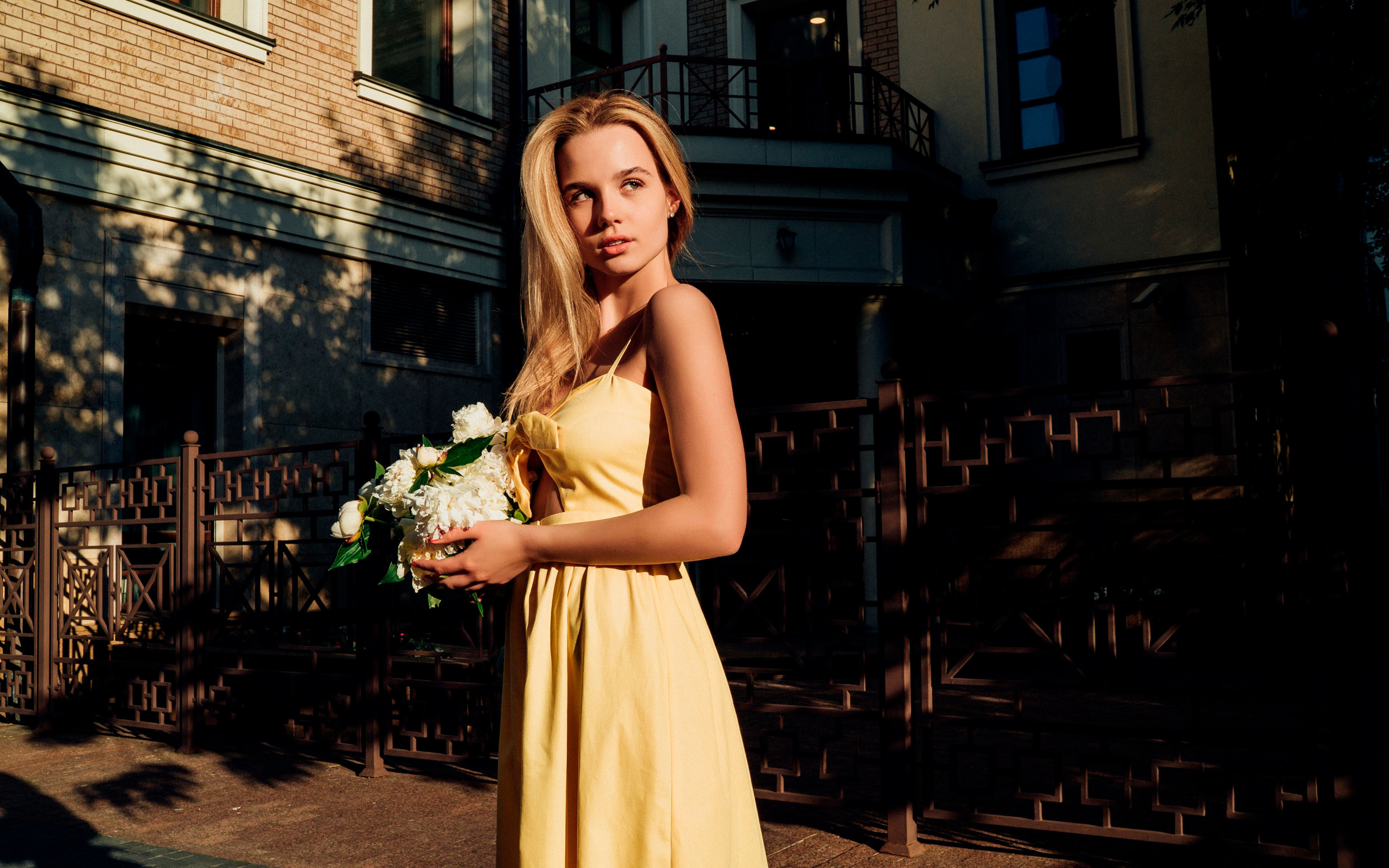 women, blonde, yellow dress, flowers, women outdoors, looking away, brunette