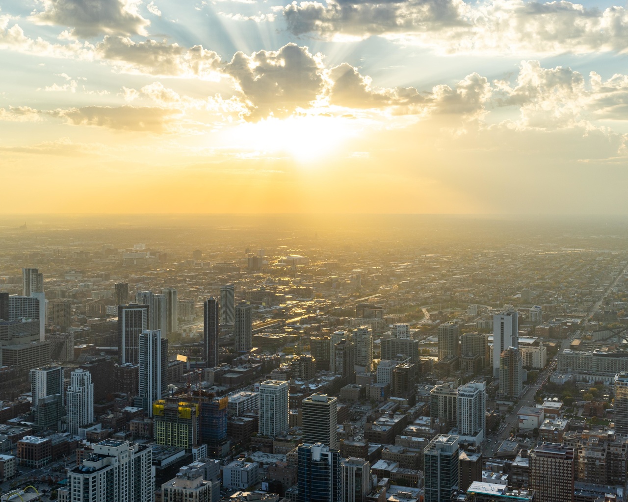 city, dawn, aerial view, cityscape, chicago