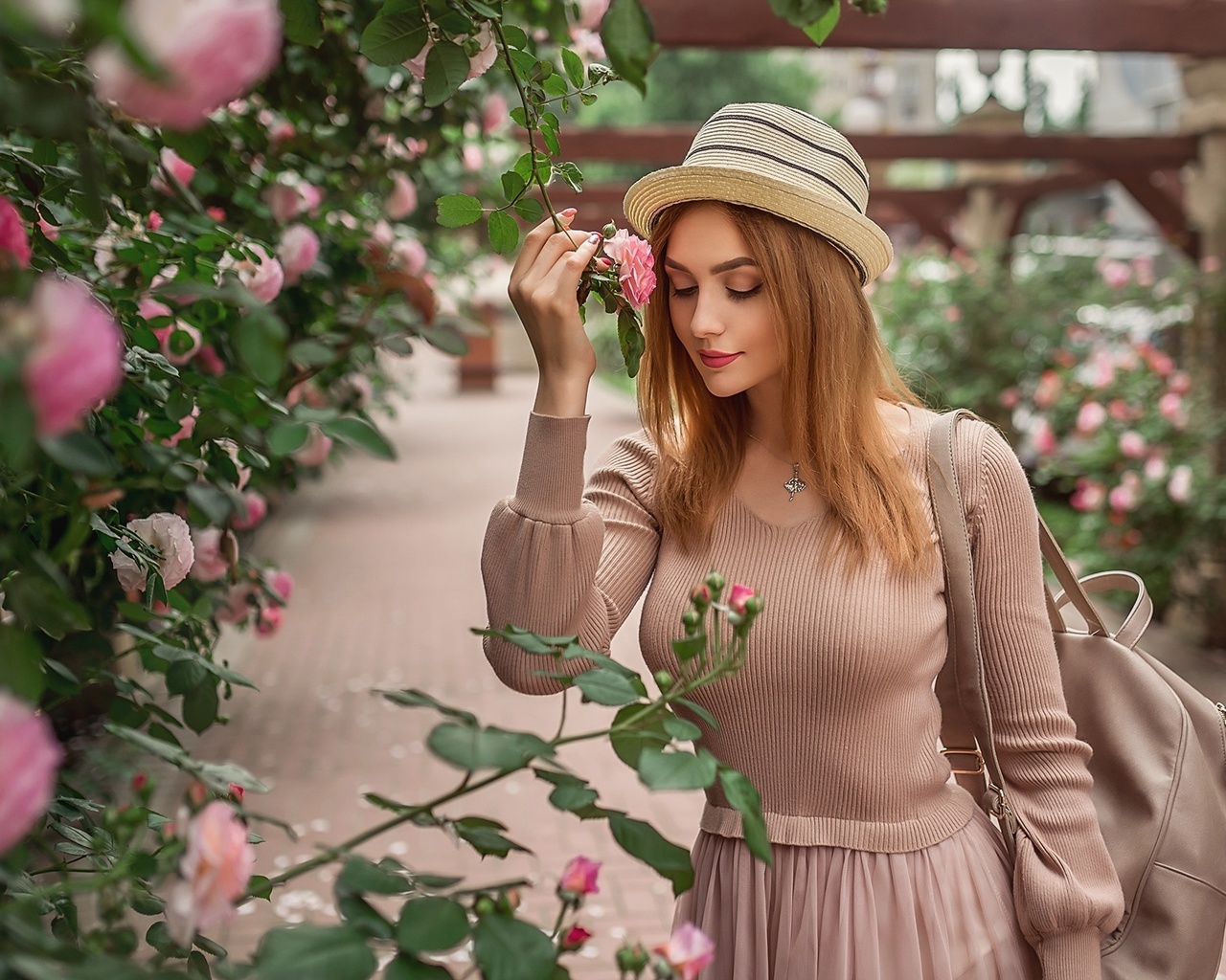 girl, pink, dress, hat, mood, rose, bush, garden, backpack, christina kardava