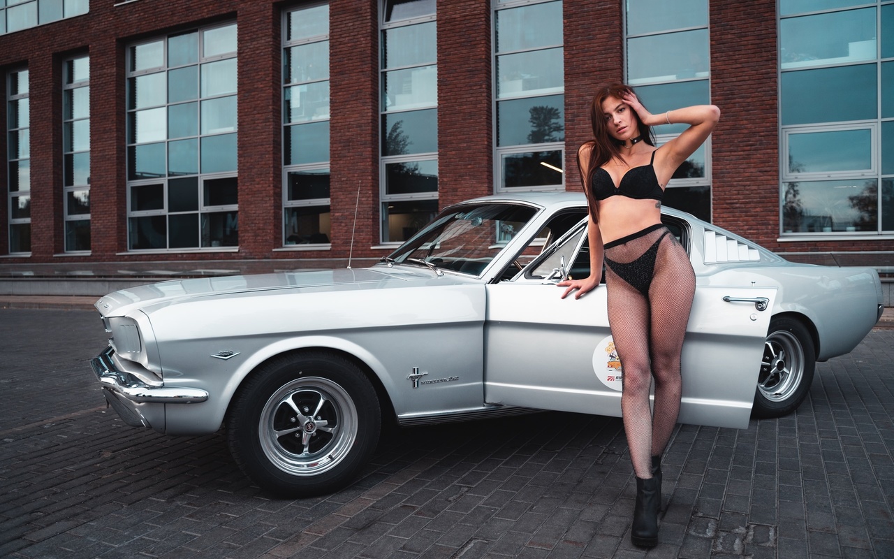 women, ford, ford mustang, belly, tattoo, women outdoors, black lingerie, fishnet pantyhose, fishnet, brunette, armpits, hands on head, building