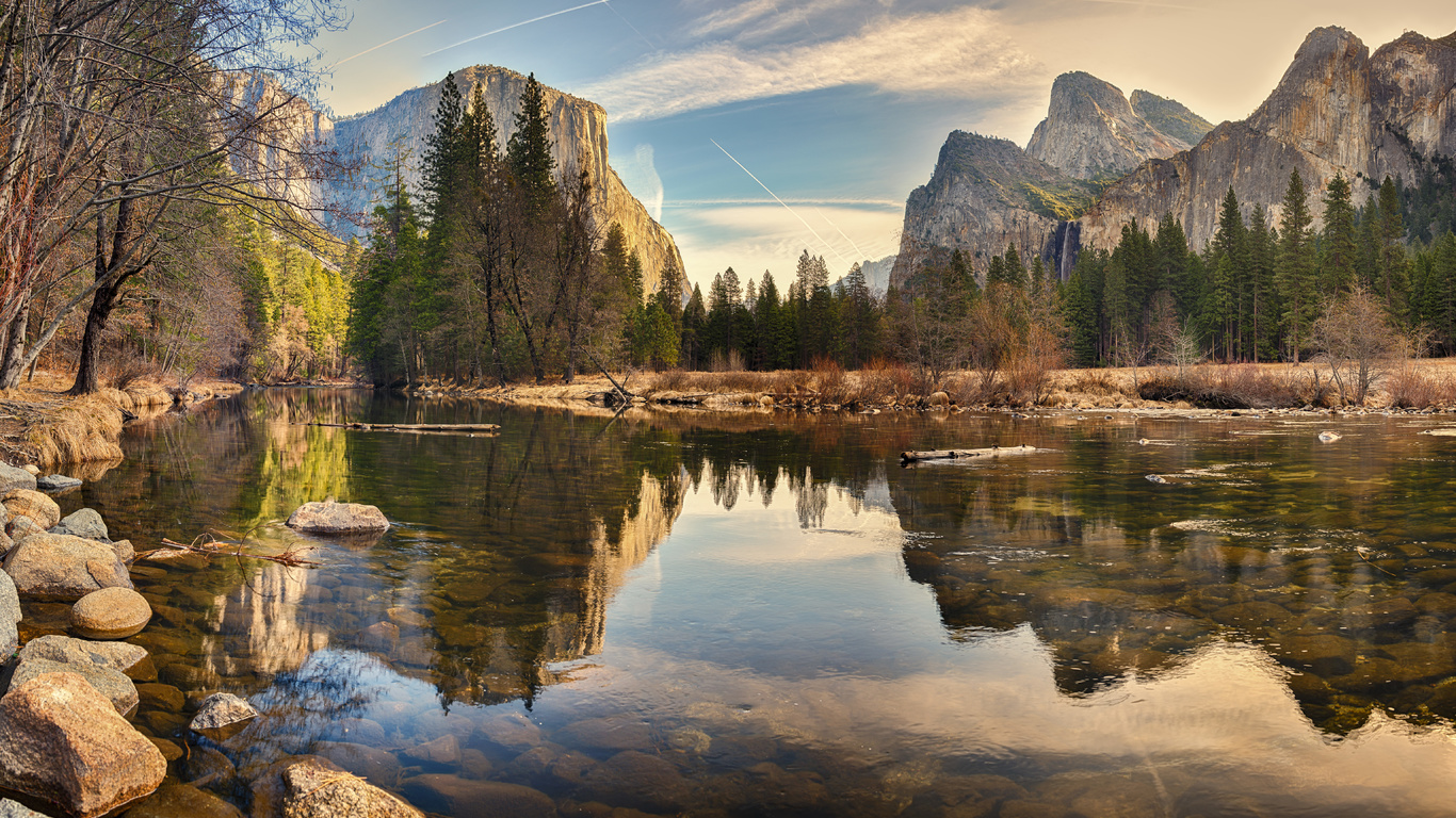 yosemite national, park, sunset, river, mountains