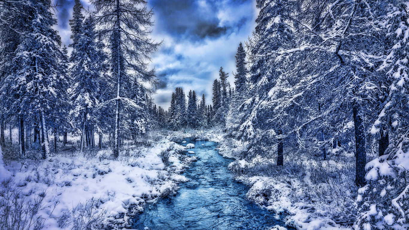 blue river, hdr, beautiful nature, forest, snowdrifts, winter