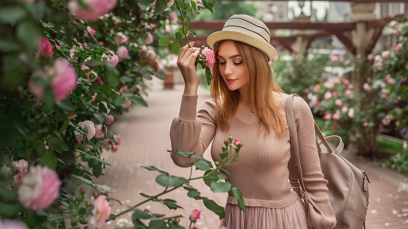 girl, pink, dress, hat, mood, rose, bush, garden, backpack, christina kardava