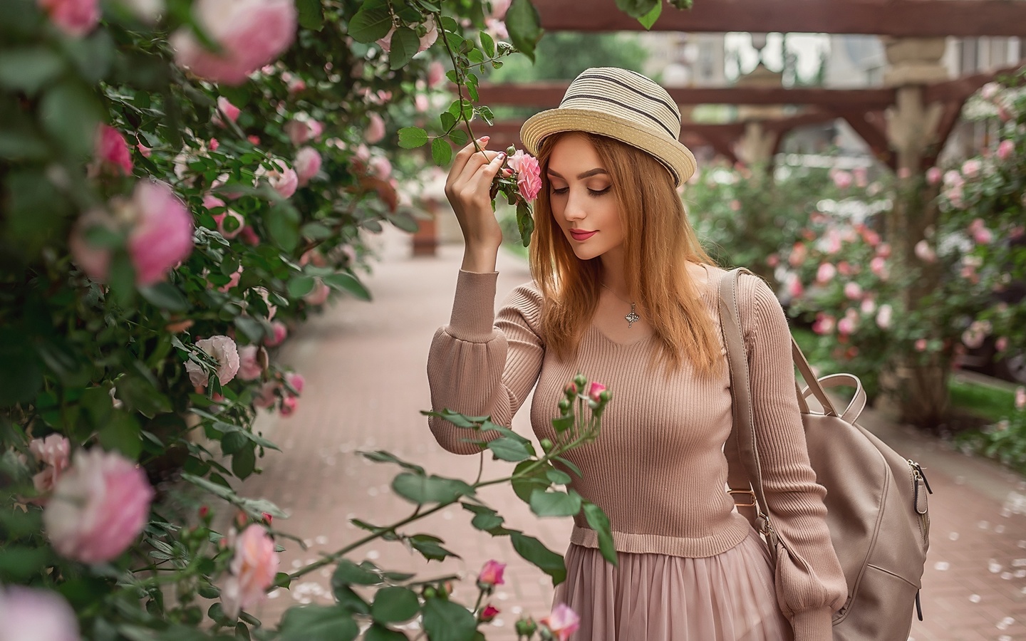 girl, pink, dress, hat, mood, rose, bush, garden, backpack, christina kardava