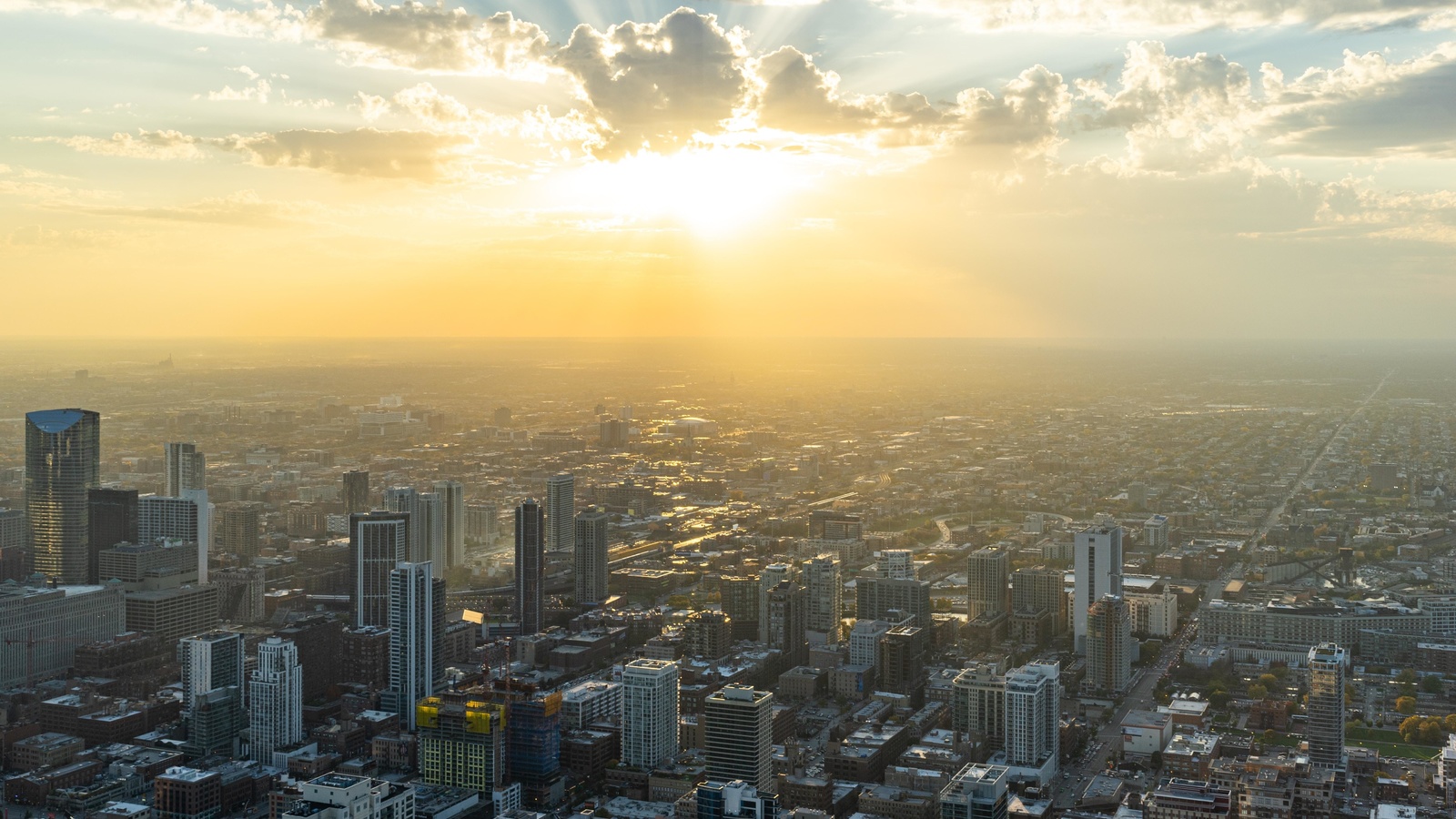 city, dawn, aerial view, cityscape, chicago