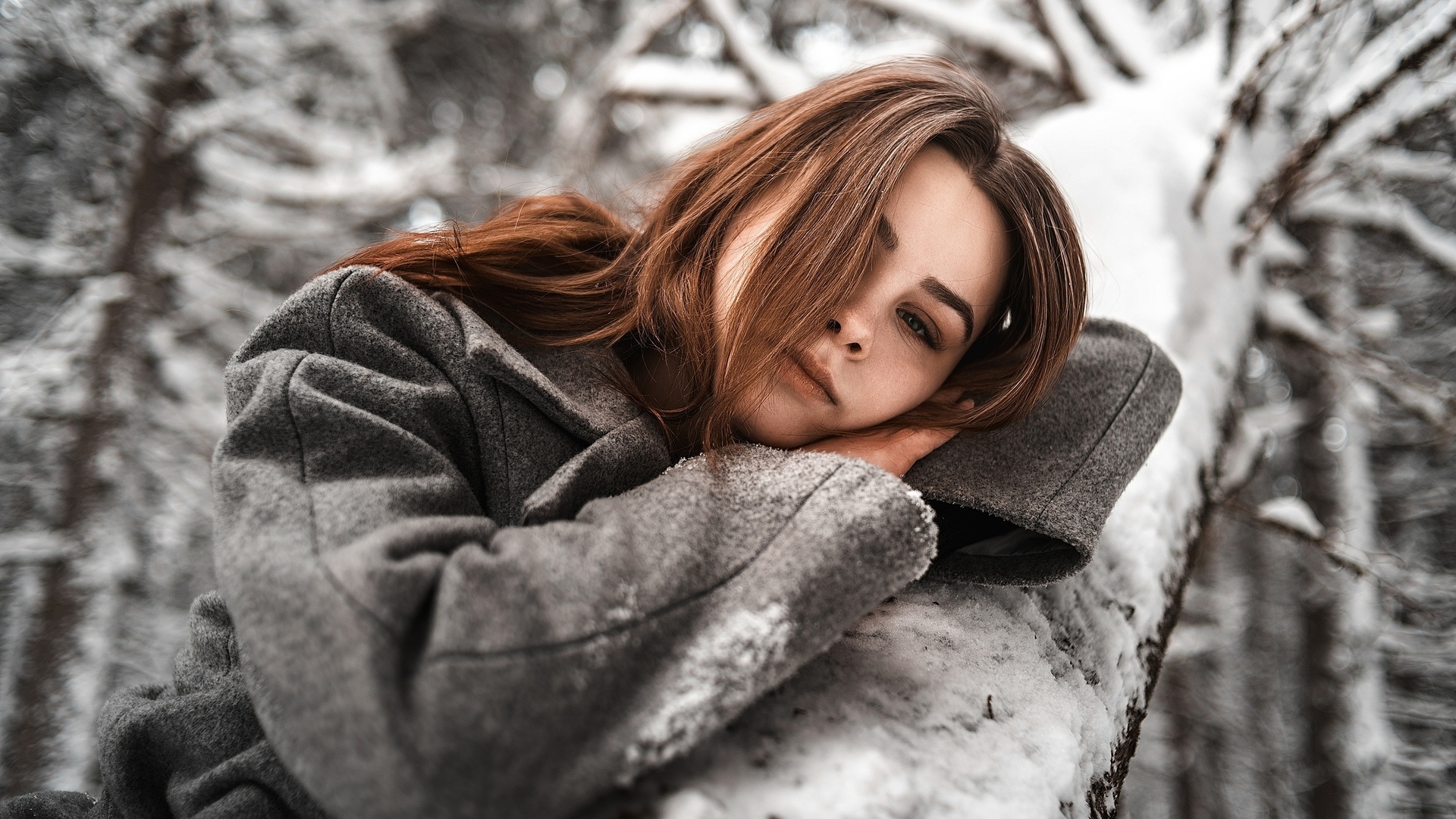 women, portrait, hair in face, coats, trees, snow, winter, women outdoors