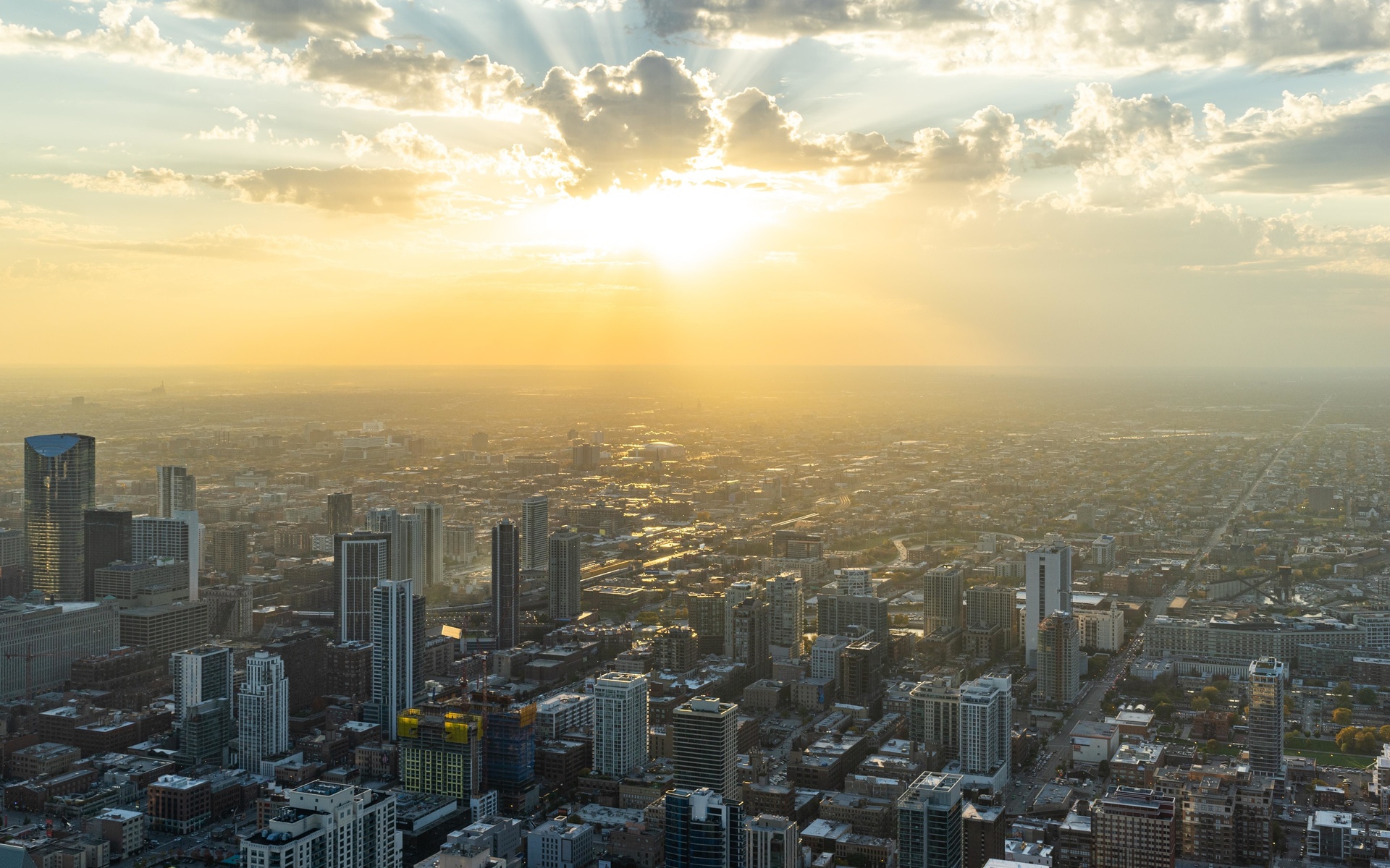 city, dawn, aerial view, cityscape, chicago