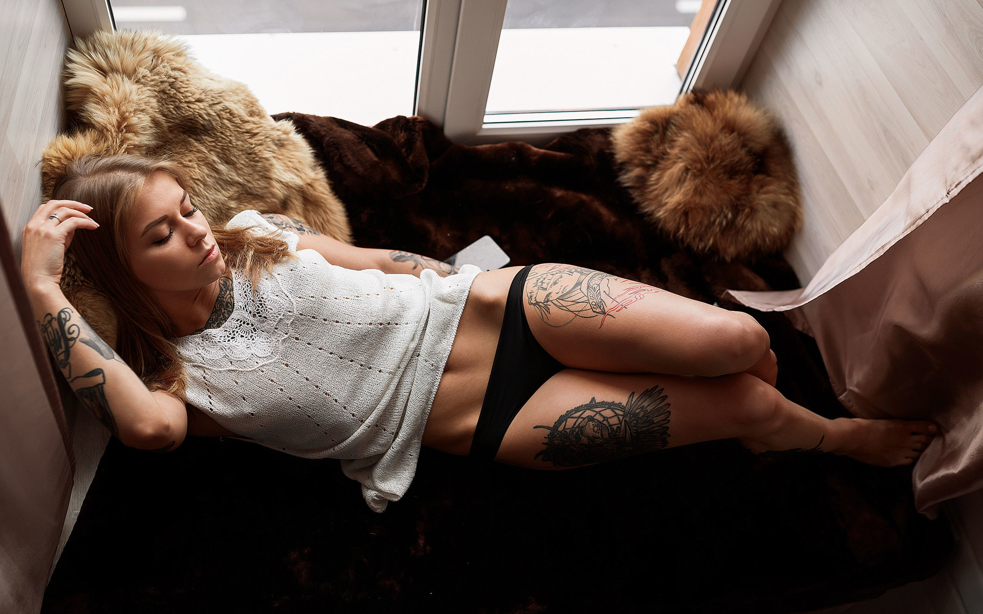 women, top view, hips, black panties, belly, window, tattoo, blonde, brunette, women indoors, nose ring