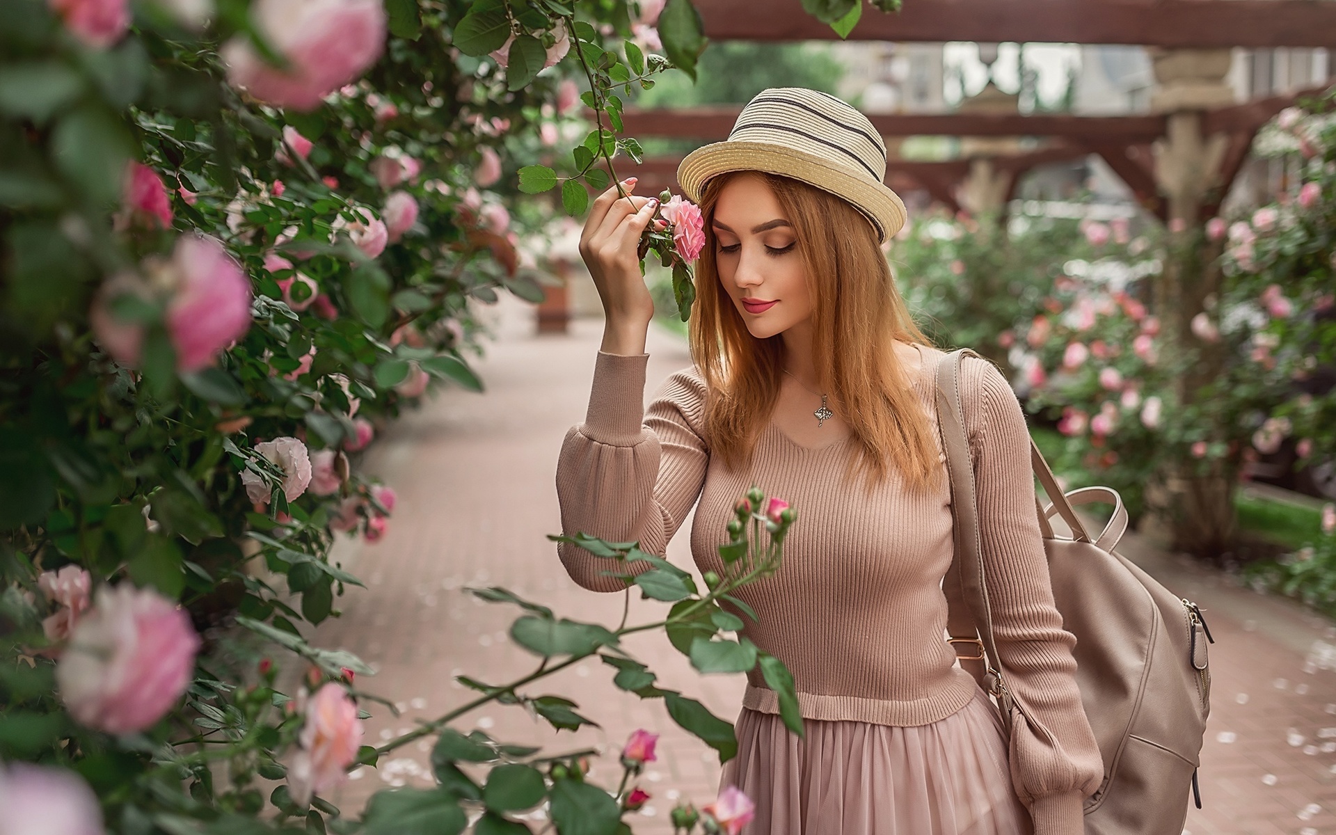 girl, pink, dress, hat, mood, rose, bush, garden, backpack, christina kardava