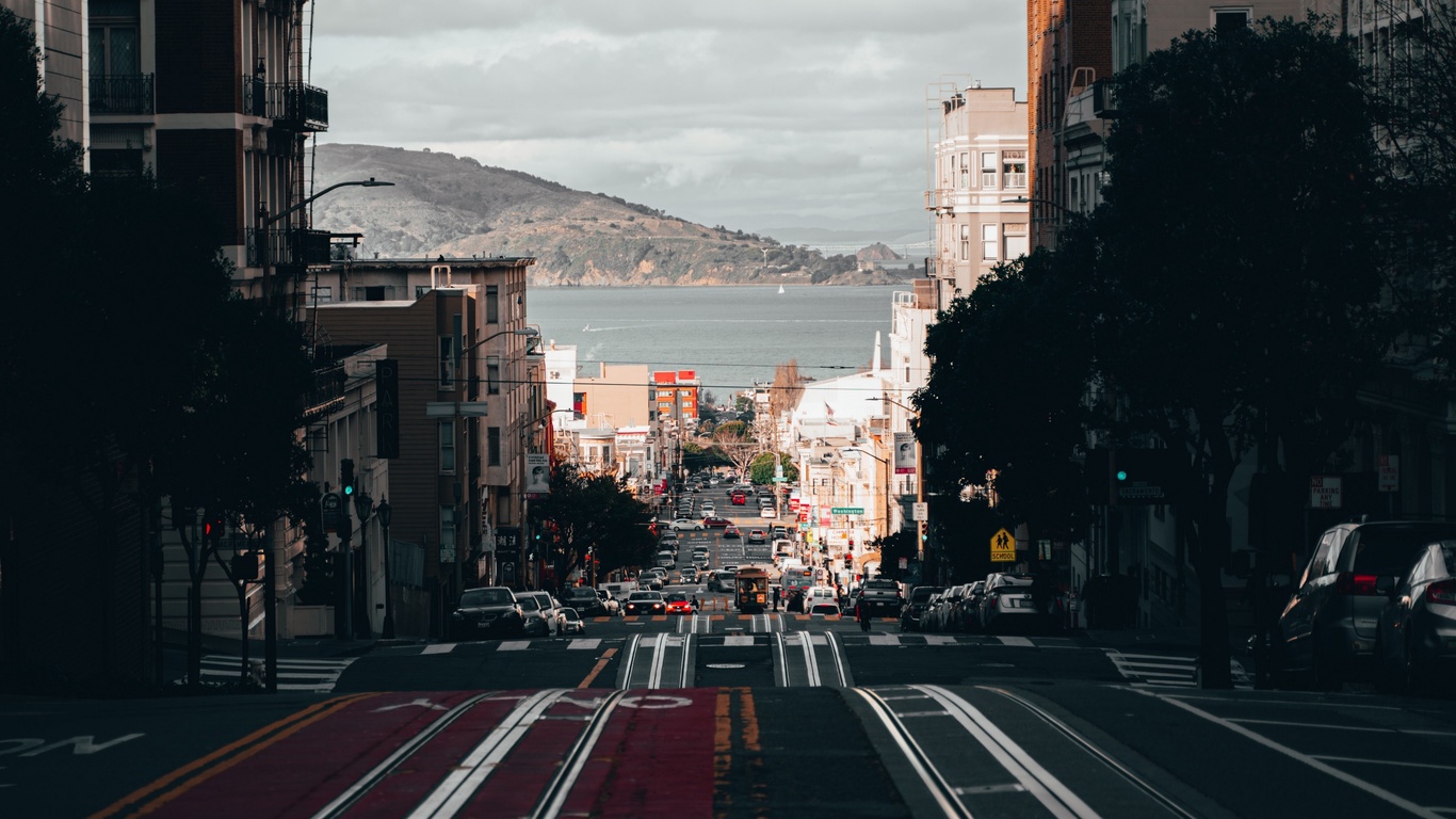 city, road, coast, water, california, view, street, hills, buildings, bay, trolley, san francisco