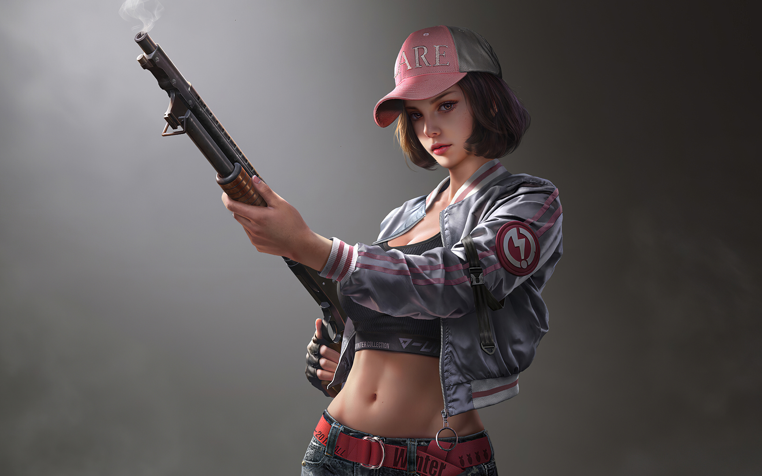 girl, wearing, cap, with, gun