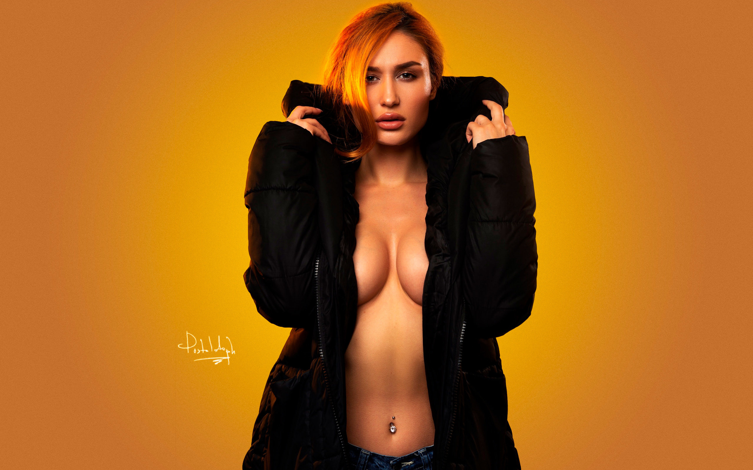 women, redhead, simple background, juicy lips, no bra, boobs, denim, belly, pierced navel, black coat, ilya pistoletov, 