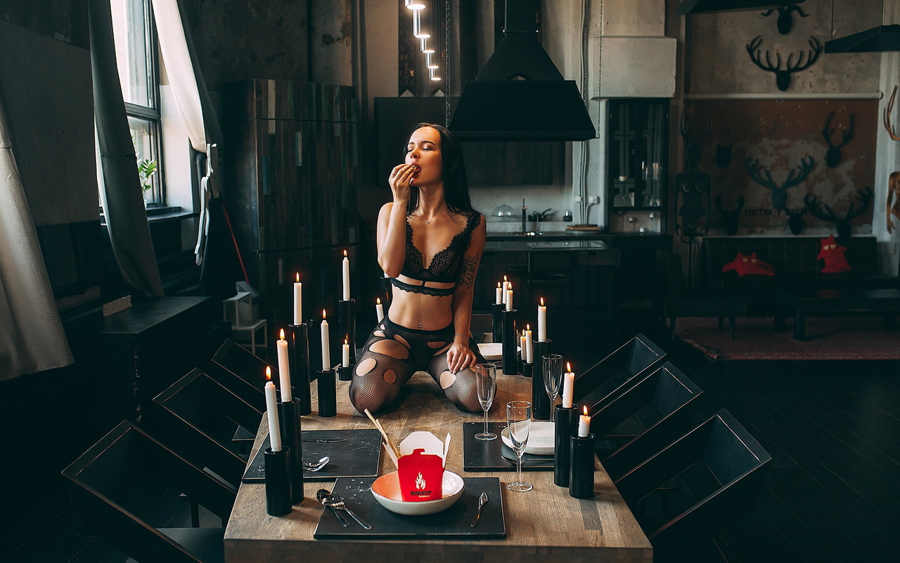 women, brunette, black lingerie, women indoors, kneeling, spoon, plates, drinking glass, closed eyes, food, table, chair, kitchen, window, pierced navel, belly, tattoo, candles, fork, wooden floor, cleavage, roma roma,sasha sparrow