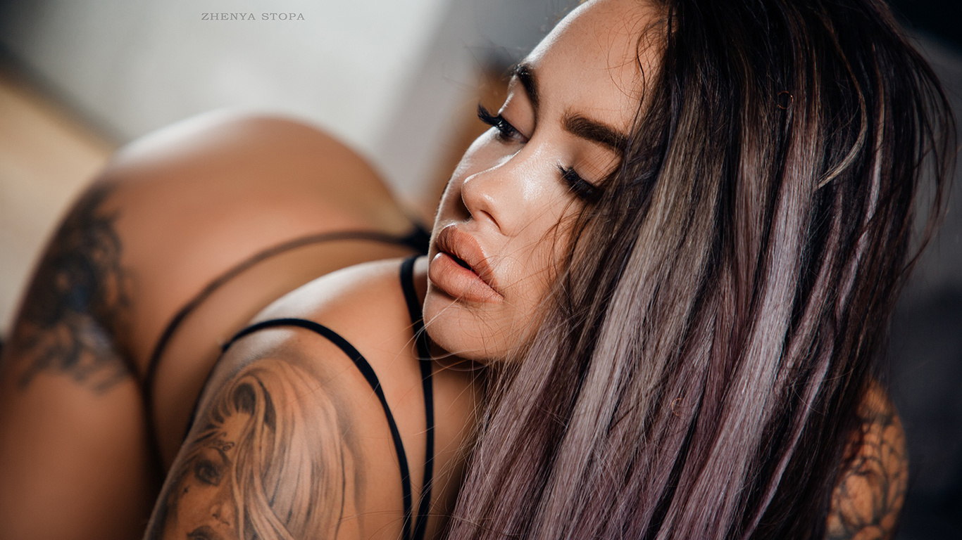 women, zhenya stopa, ass, tattoo, dyed hair, brunette, black lingerie, looking away, women indoors