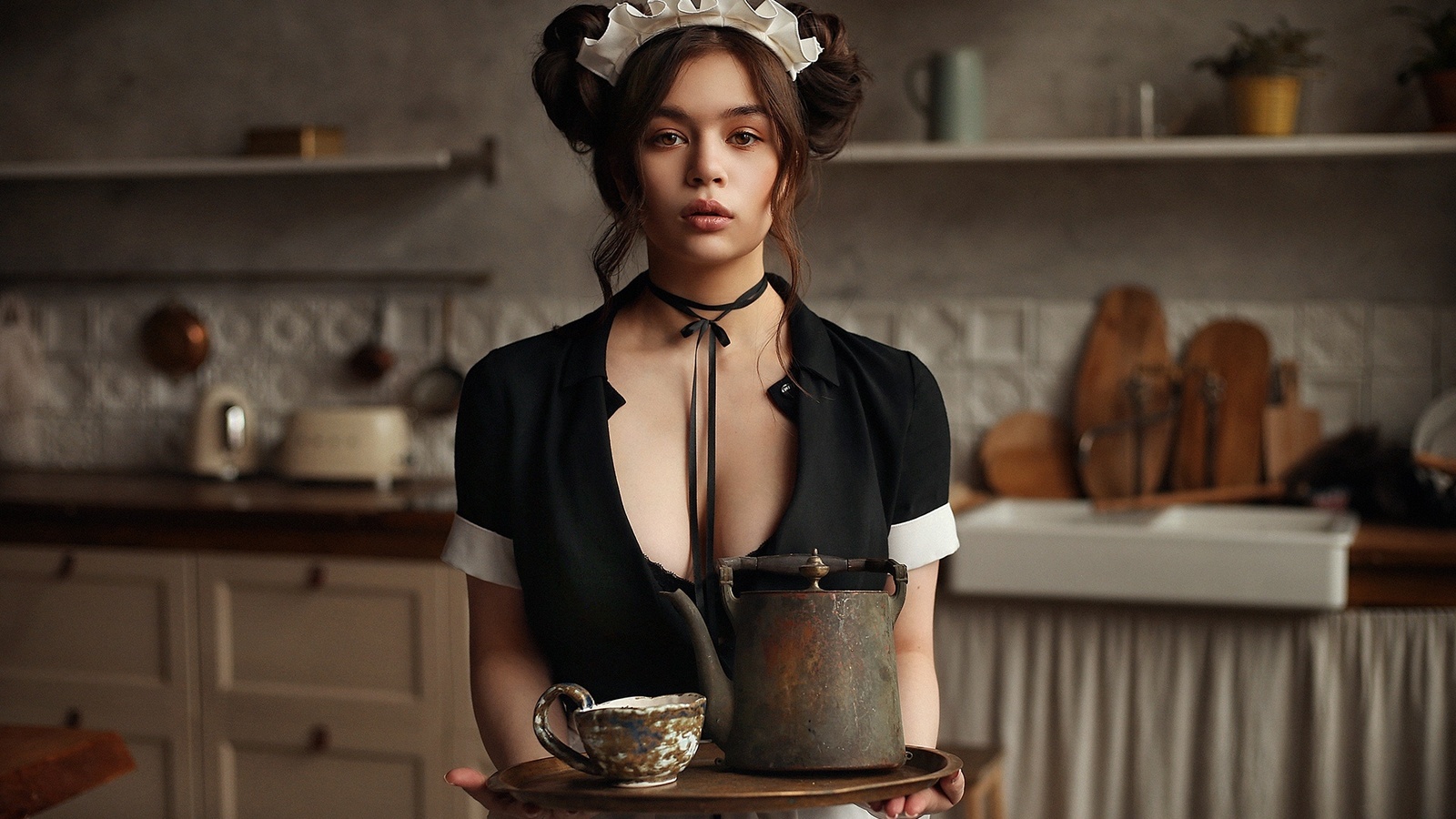 women, dmitry arhar, maid outfit, kitchen, women indoors, hairbun, cleavage, portrait, 