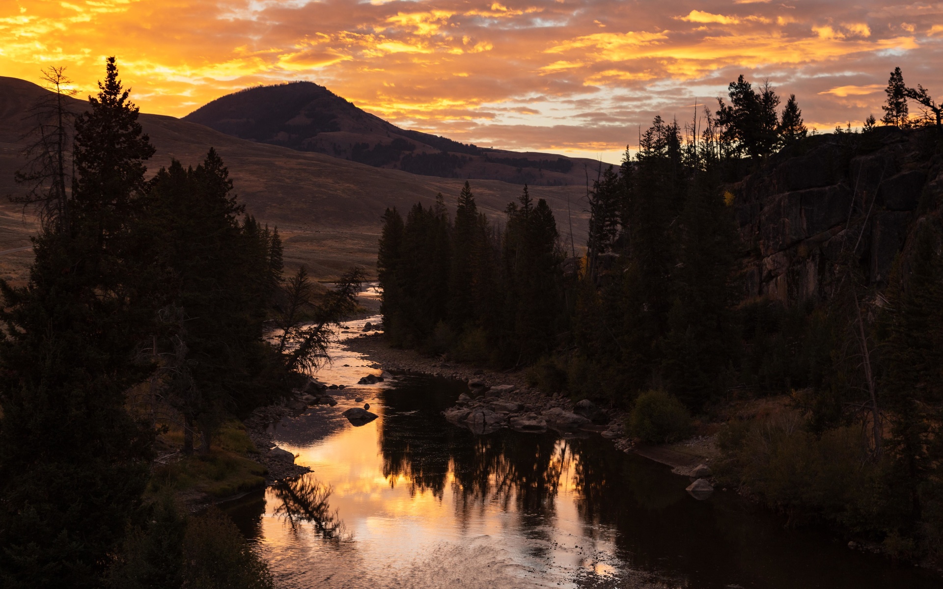mountains, sunset, river, water, trees
