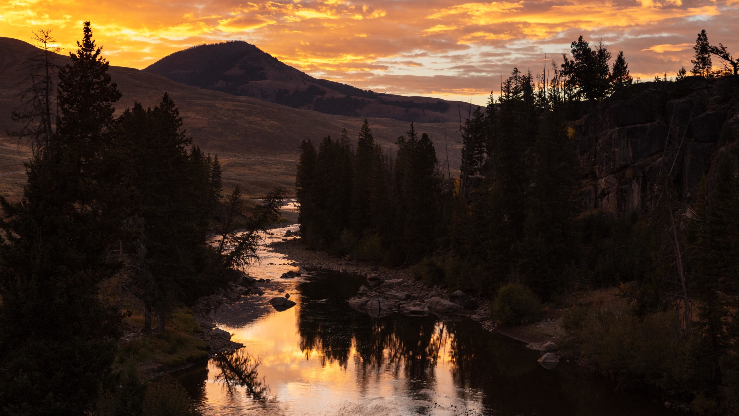 mountains, sunset, river, water, trees