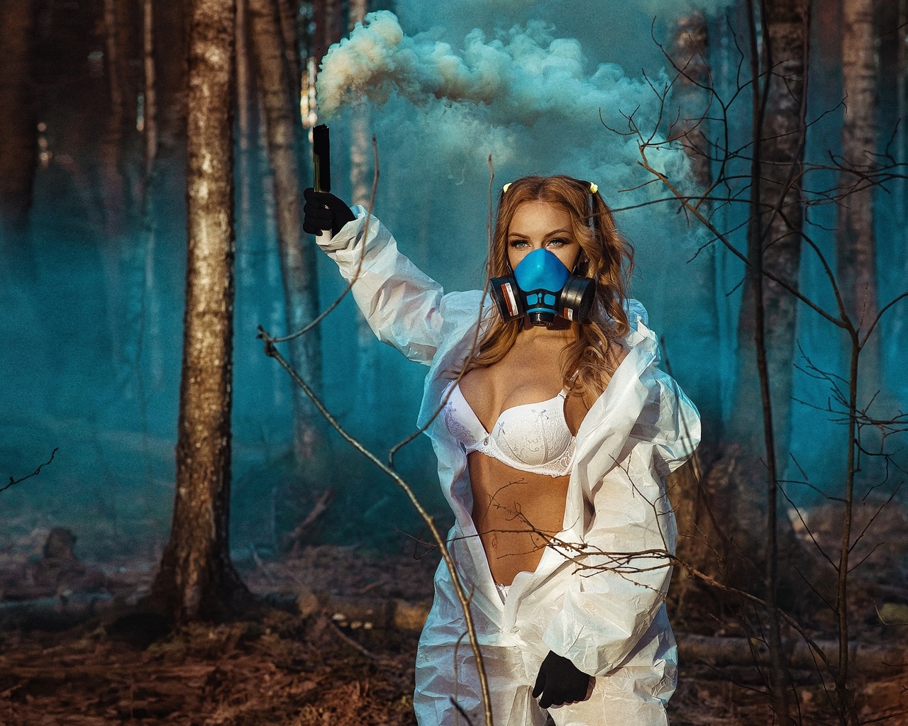 women, nikolas verano, trees, white lingerie, smoke, women outdoors, brunette, pigtails, belly, white bra, gloves, gas masks, forest, white clothing