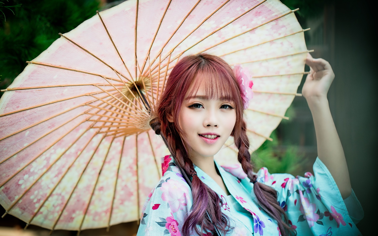 japanese girl, braids, kimono, umbrella