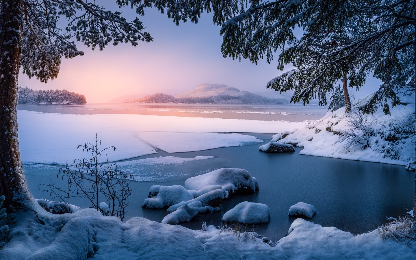 trondheim, norway, lake, winter, ice, trees, sunset, panorama, landscape