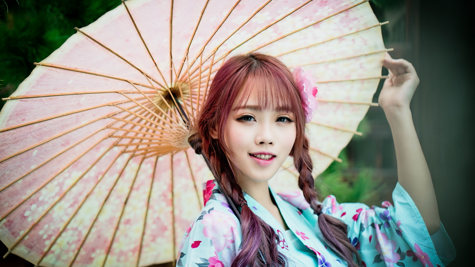 japanese girl, braids, kimono, umbrella