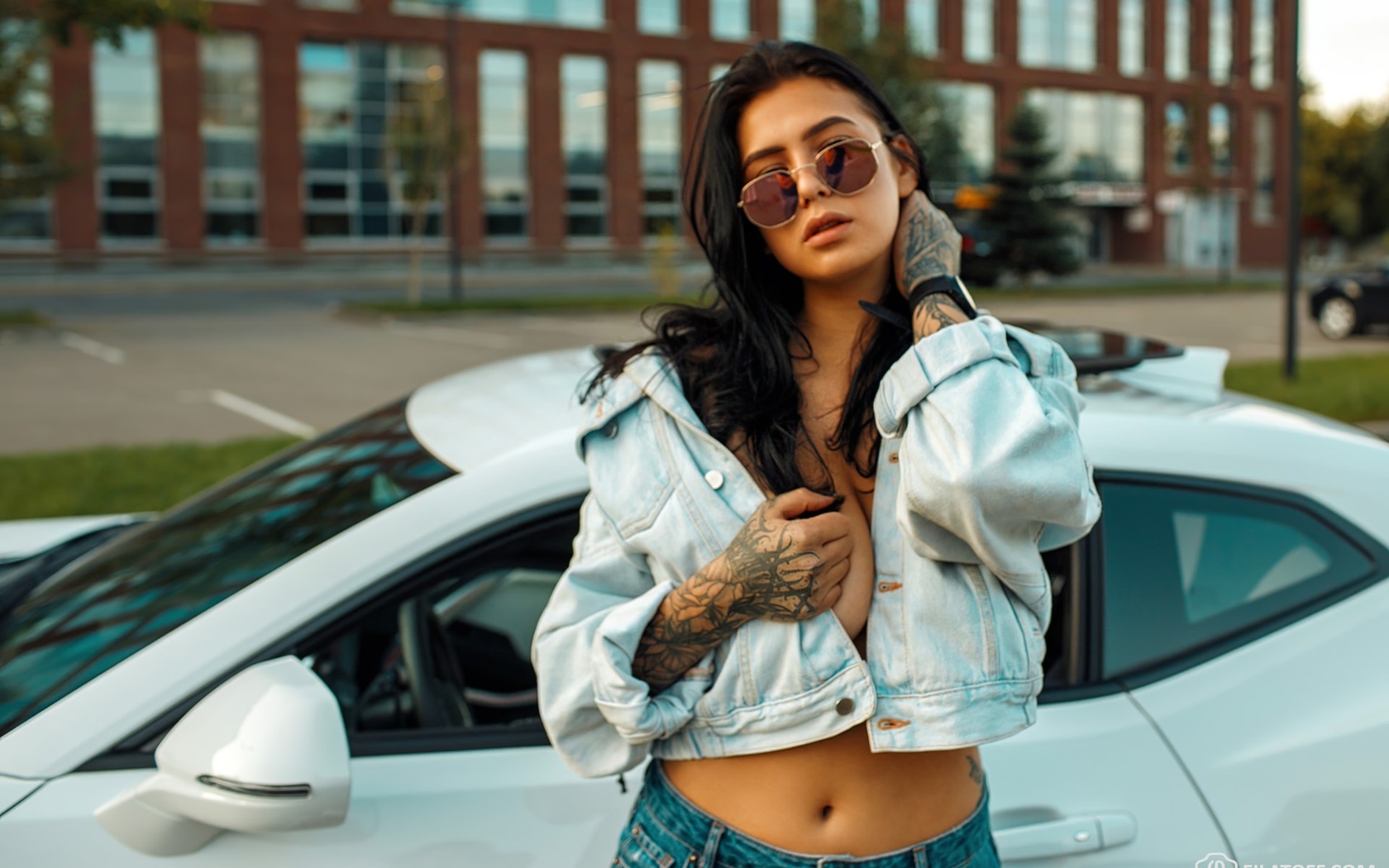 women, dmitry filatov, evgenia talanina, sunglasses, tattoo, covering boobs, women outdoors, denim, belly, portrait, brunette, watch, women with cars, car, strategic covering,  