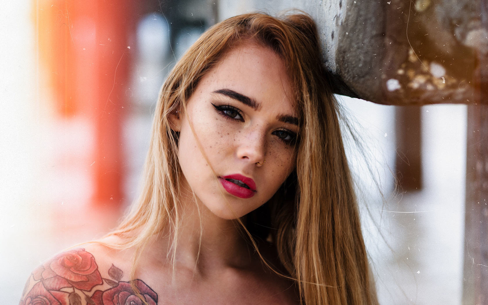 women, face, portrait, eyeliner, nose ring, freckles, tattoo, blonde, 