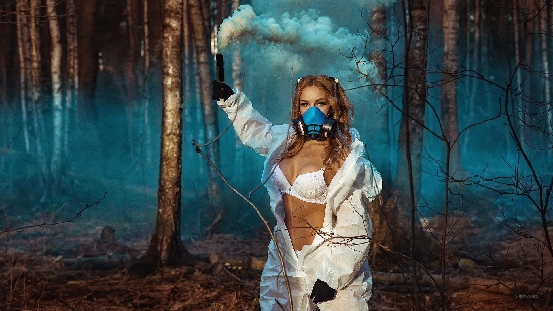 women, nikolas verano, trees, white lingerie, smoke, women outdoors, brunette, pigtails, belly, white bra, gloves, gas masks, forest, white clothing