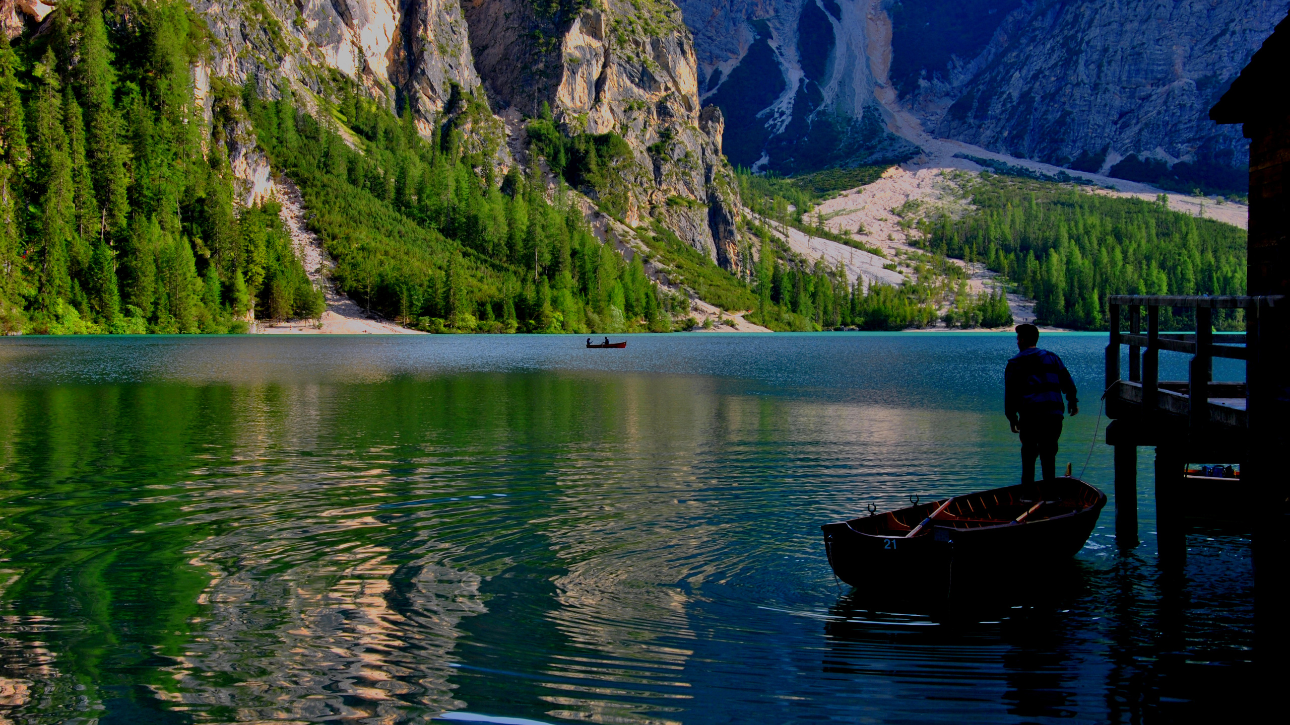 пейзаж, горы, природа, озеро, лодка, италия, леса, доломиты, lago di braies, брайес