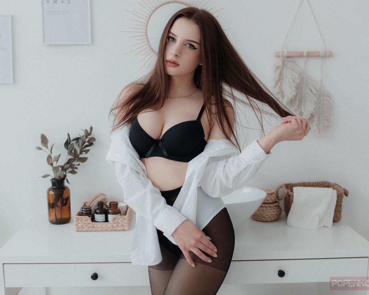 women, andrey popenko, black lingerie, women indoors, white shirt, eyeliner, black bras, long hair