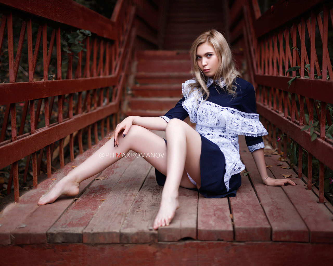 women, maksim romanov, blonde, sitting, wood, women outdoors, blue dress, white panties, painted nails, stairs