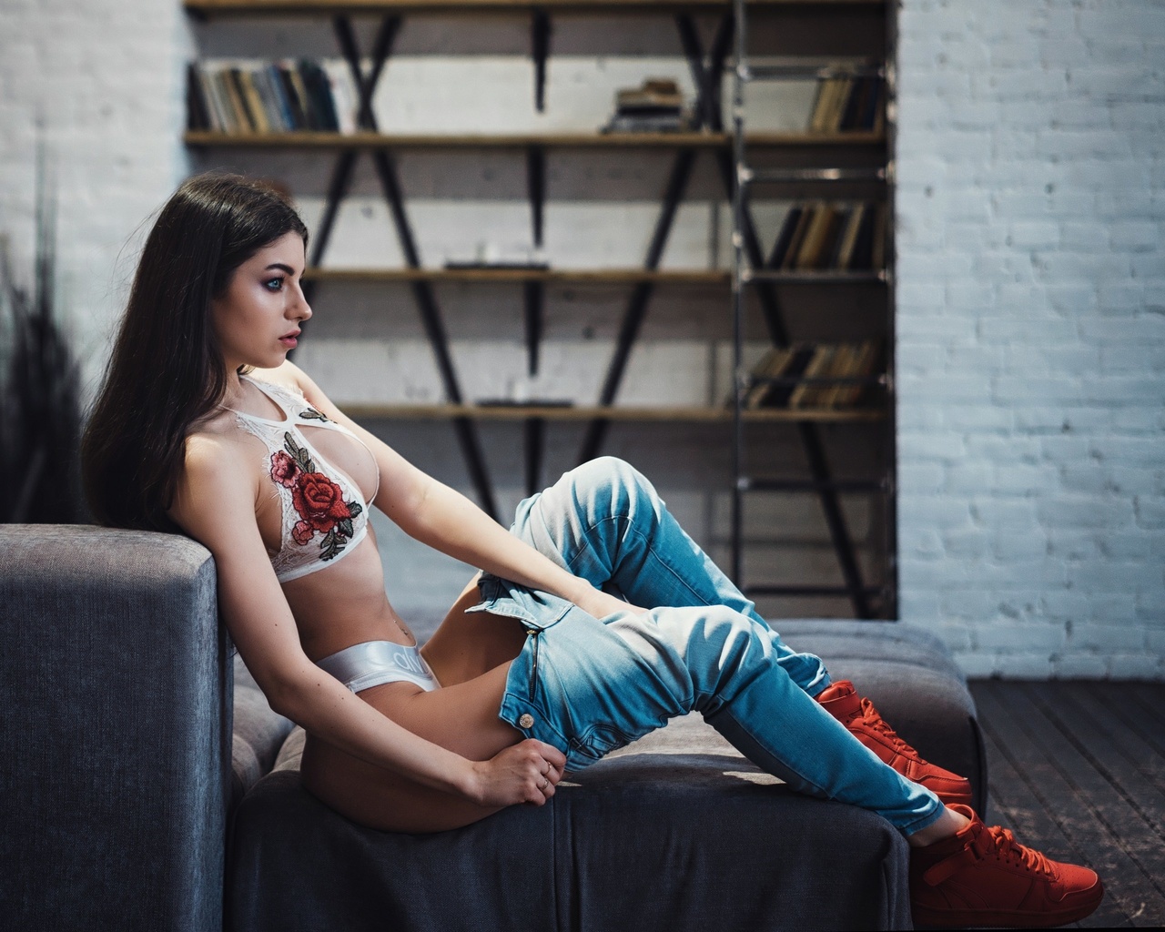 women, jeans, white lingerie, belly, women indoors, pierced navel, sneakers, gray eyes, sitting, books, calvin klein, undressing, profile, long hair