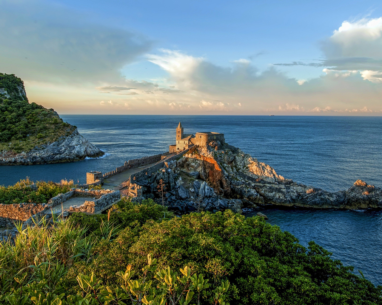 portovenere, 4k, castle, coast, sunset, beautiful nature, italy, liguria