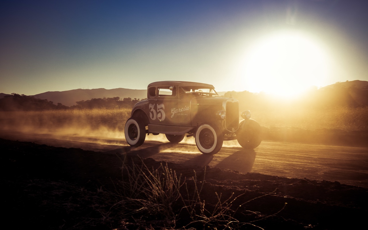 hot rod, ford model a, 1927, american cars, evening, sunset, fog, retro