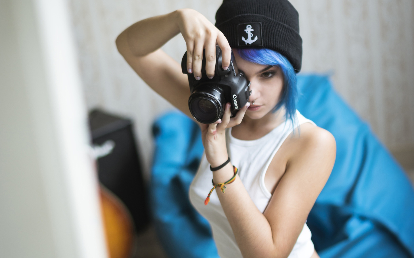 cute, beautiful, brunette, camera, photographer, girl, piercing, petite, pretty, jeans