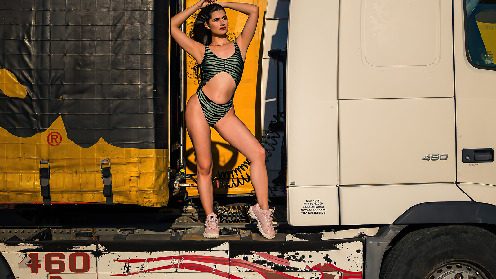 women, swimwear, sneakers, armpits, brunette, arms uplong hair, animal print, truck, belly, women outdoors