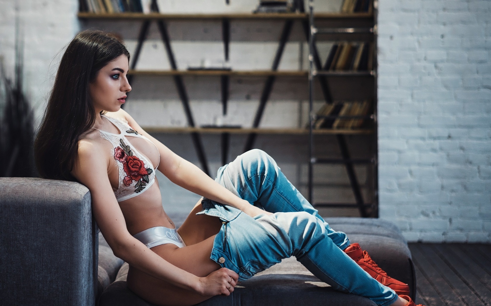 women, jeans, white lingerie, belly, women indoors, pierced navel, sneakers, gray eyes, sitting, books, calvin klein, undressing, profile, long hair