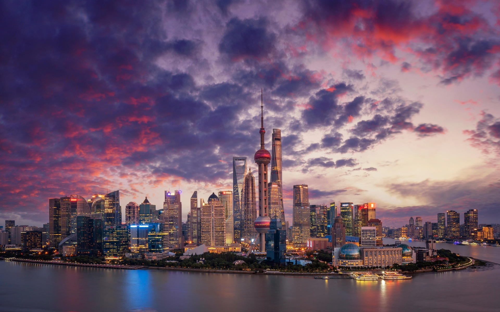 shanghai, panorama, metropolis, modern buildings, sunset, skyscrapers, china, asia