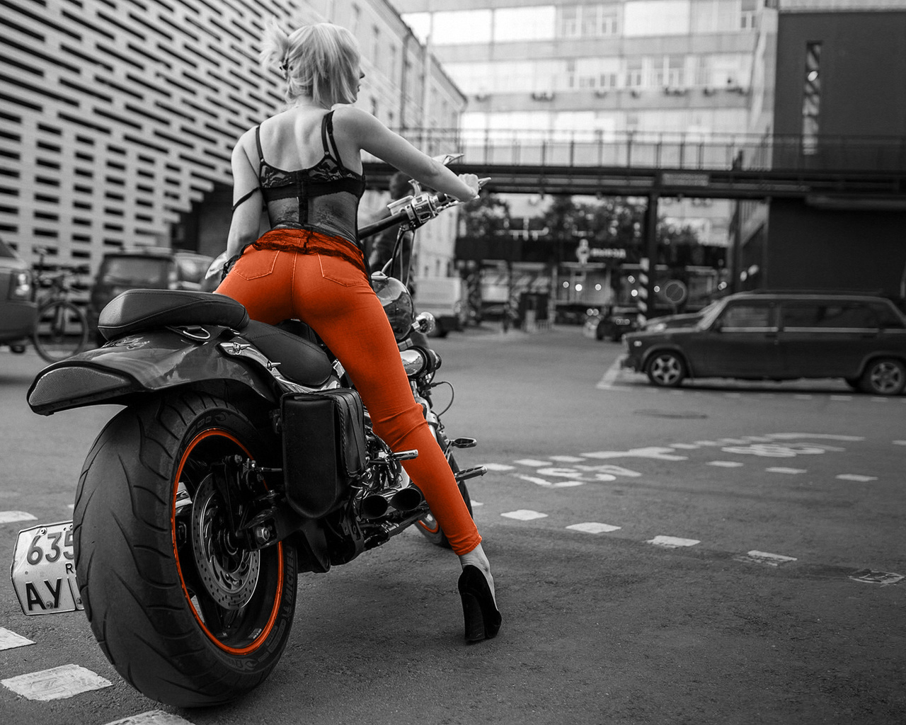 motorcycle, girl, model, blonde, city, road, ass, jeans, high heels, legs, women, cars, sexy, hot, cute