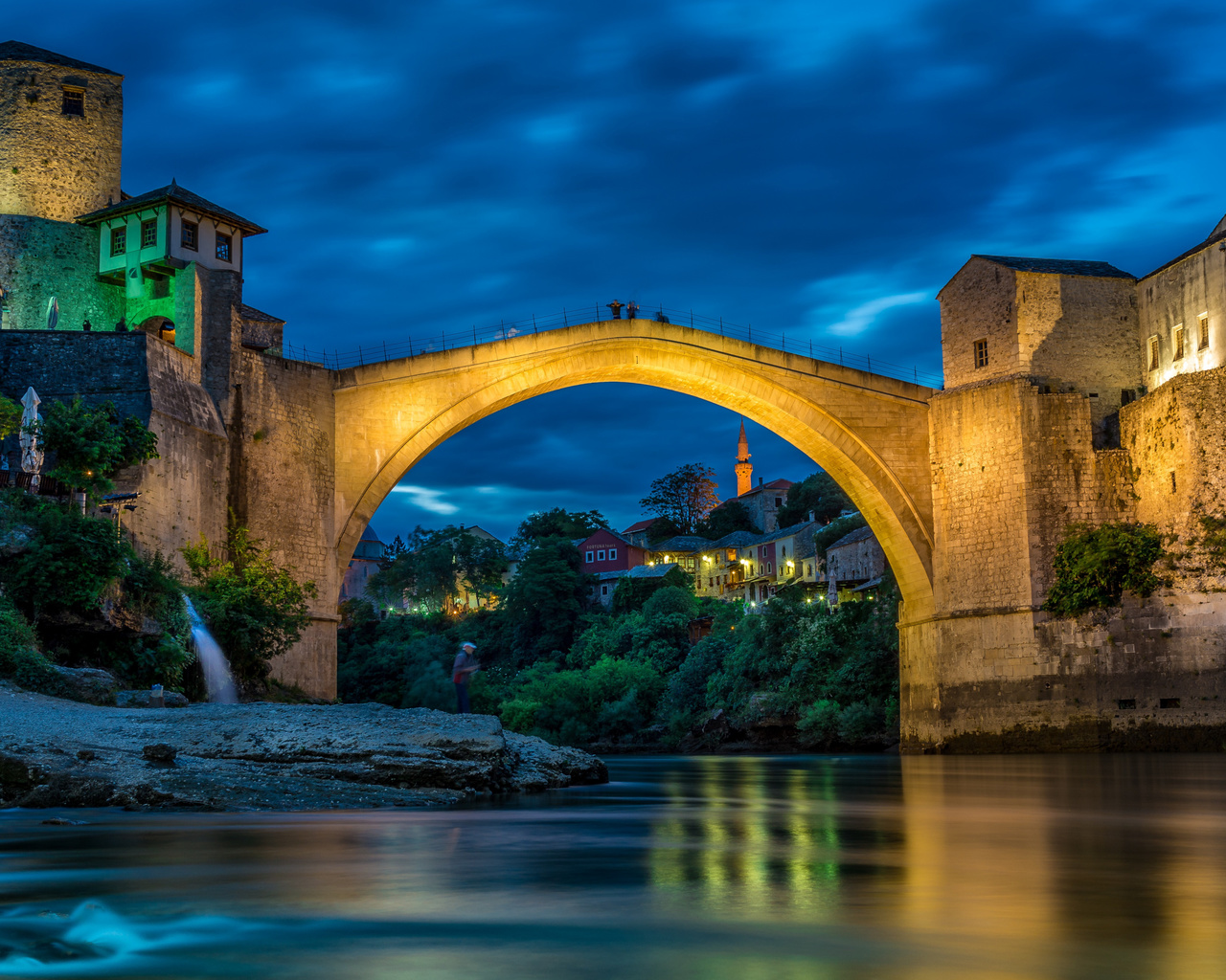 mostar, neretva river, evening, sunset, stone bridge, river, landmark, bosnia and herzegovina