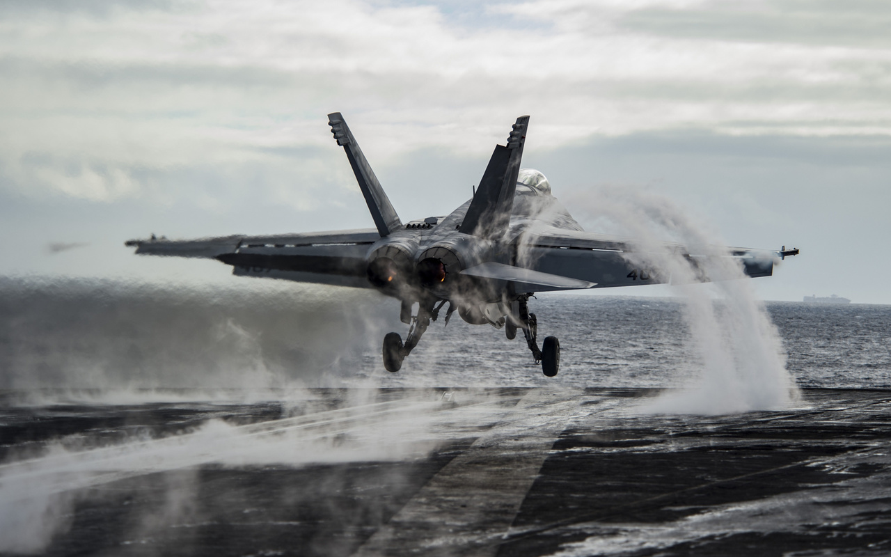 boeing fa-18e super hornet, american carrier-based bomber, united states navy, taking off from aircraft carrier deck, f-18